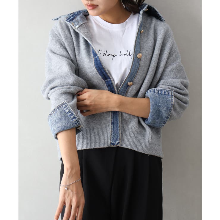 デニム切替フェイクレイヤードカーディガン | SpRay | 詳細画像51 