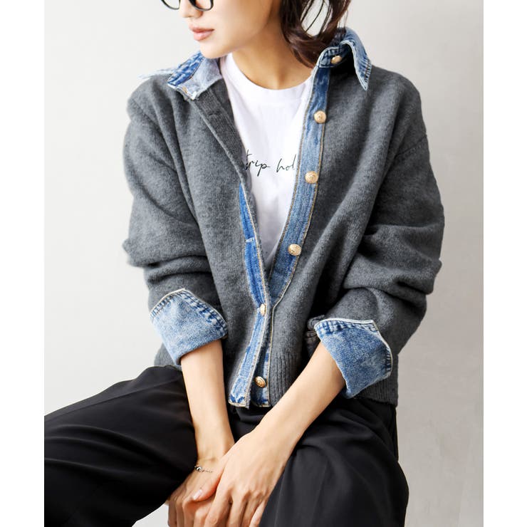 デニム切替フェイクレイヤードカーディガン | SpRay | 詳細画像53 