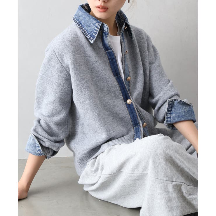 デニム切替フェイクレイヤードカーディガン | SpRay | 詳細画像79 