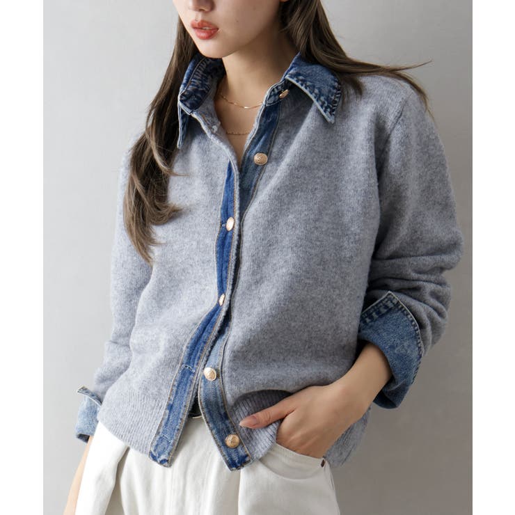 デニム切替フェイクレイヤードカーディガン | SpRay | 詳細画像90 