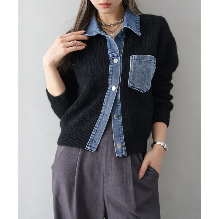 デニムポケット付き切替フェイクレイヤードカーディガン[品番