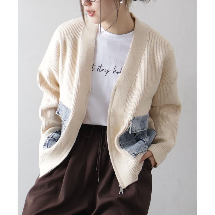 ベージュ | デニムポケットZIPカーディガン | SpRay