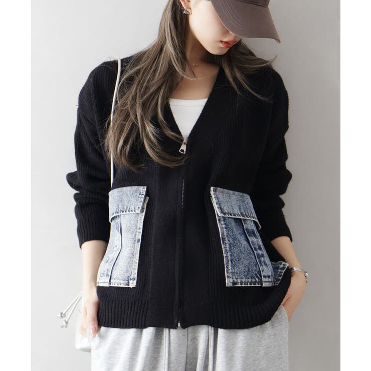 ブラック | デニムポケットZIPカーディガン | SpRay