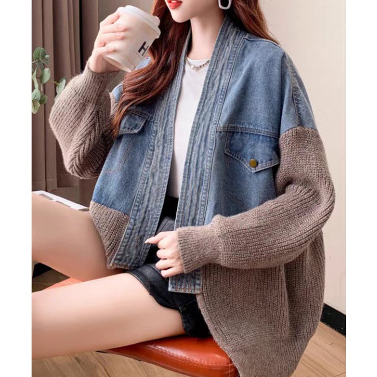 デニム切替ニットカーディガン | SpRay | 詳細画像1 