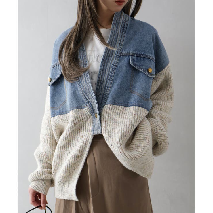 デニム切替ニットカーディガン | SpRay | 詳細画像30 