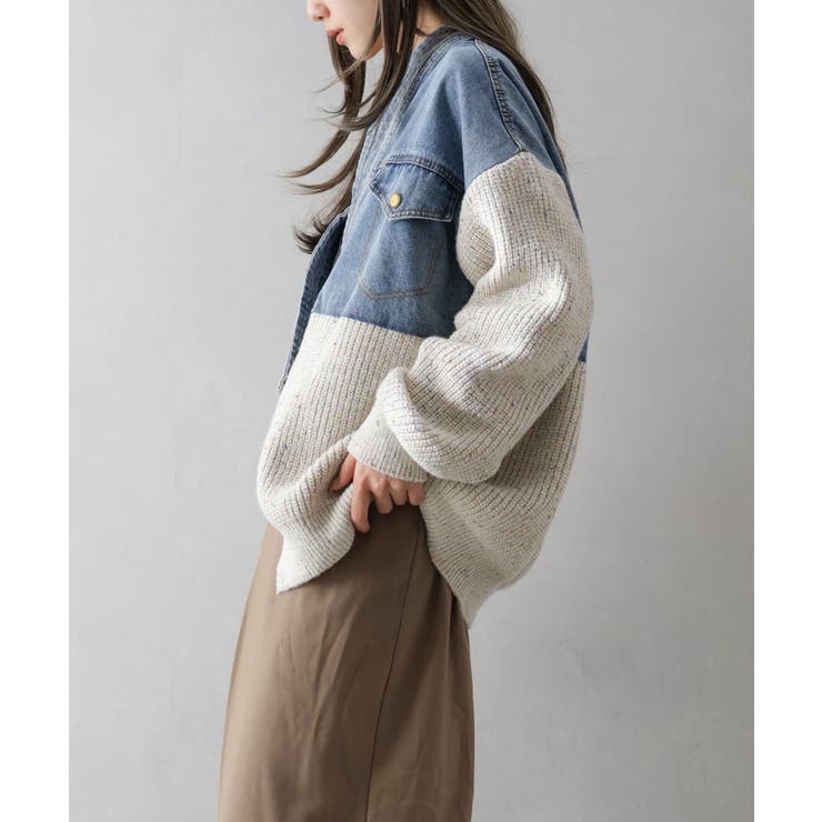 デニム切替ニットカーディガン | SpRay | 詳細画像33 