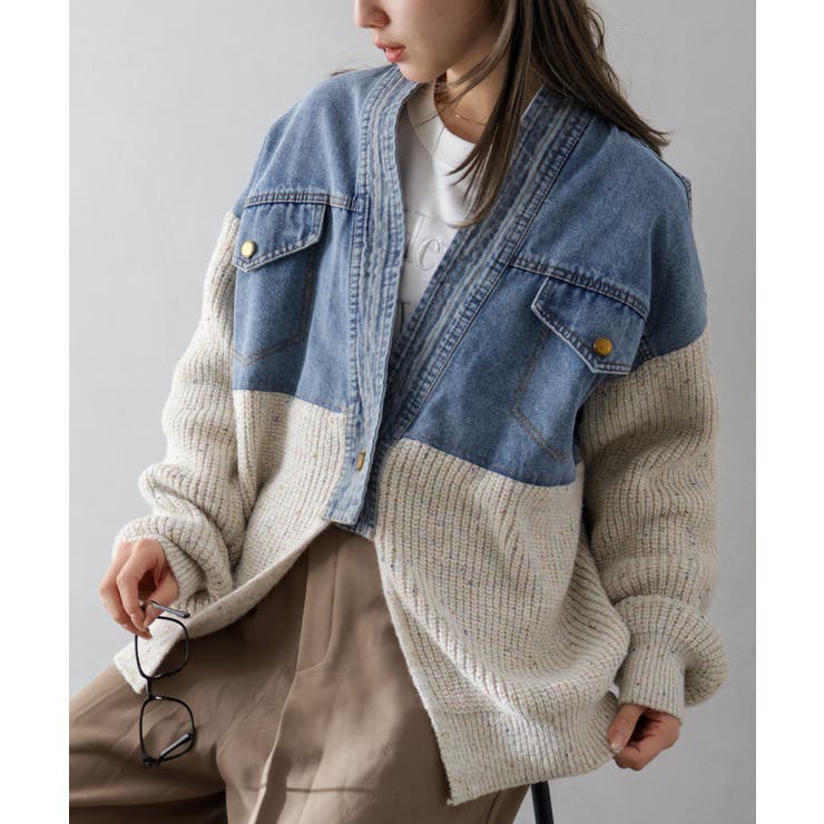 デニム切替ニットカーディガン | SpRay | 詳細画像36 