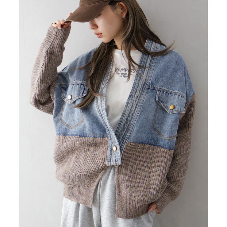 モカ | デニム切替ニットカーディガン | SpRay