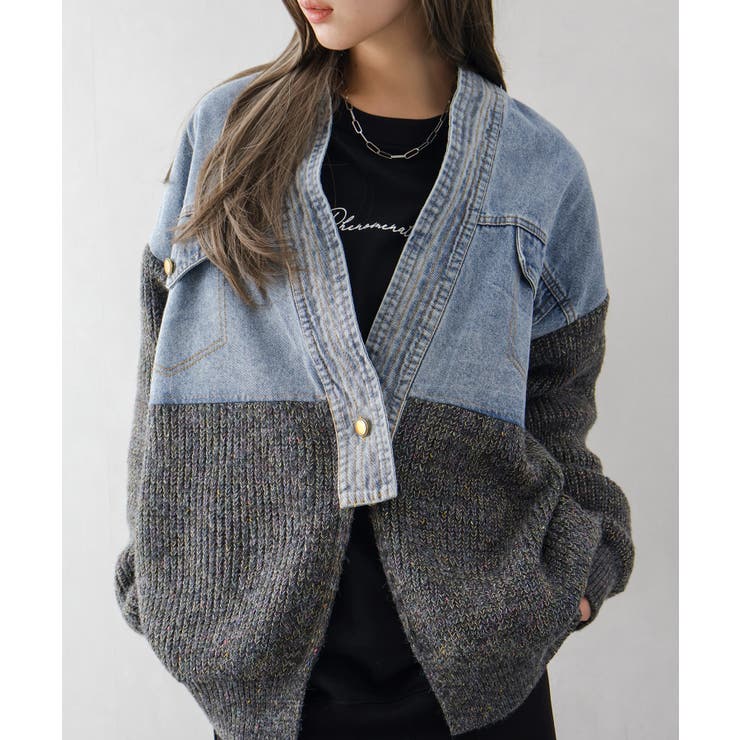 チャコールグレー | デニム切替ニットカーディガン | SpRay