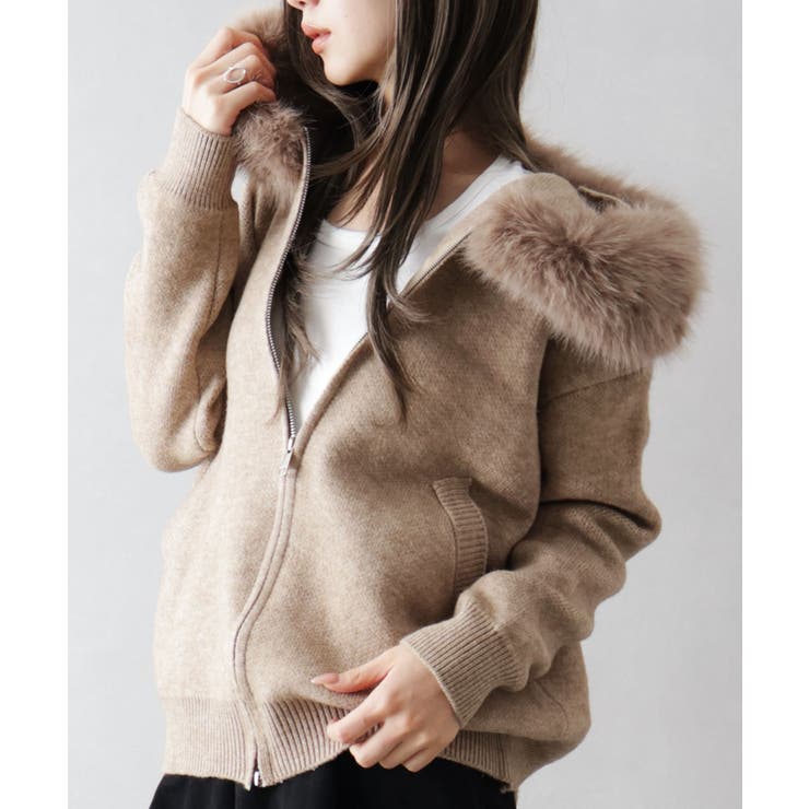 ベージュ | ファー付ニットロングジップパーカー | SpRay
