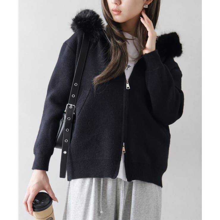 ブラック | ファー付ニットロングジップパーカー | SpRay