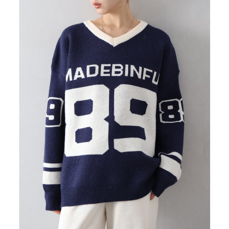 ネイビー | ナンバリングジャガードＶネックニット | SpRay