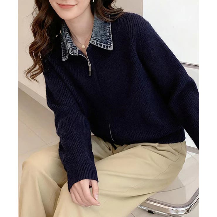 デニム衿ジップニットカーディガン | SpRay | 詳細画像18 