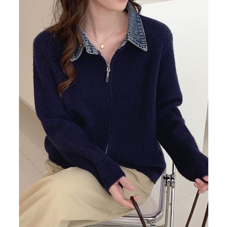 ネイビー | デニム衿ジップニットカーディガン | SpRay