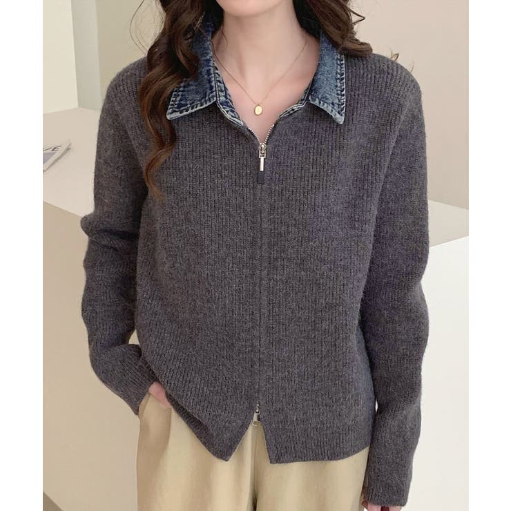 チャコールグレー | デニム衿ジップニットカーディガン | SpRay