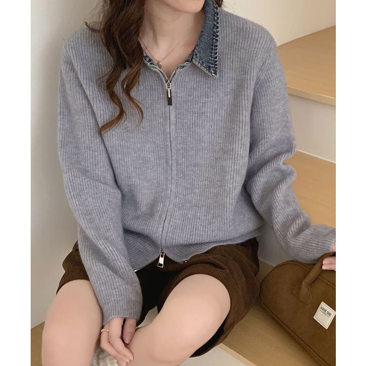 グレー | デニム衿ジップニットカーディガン | SpRay