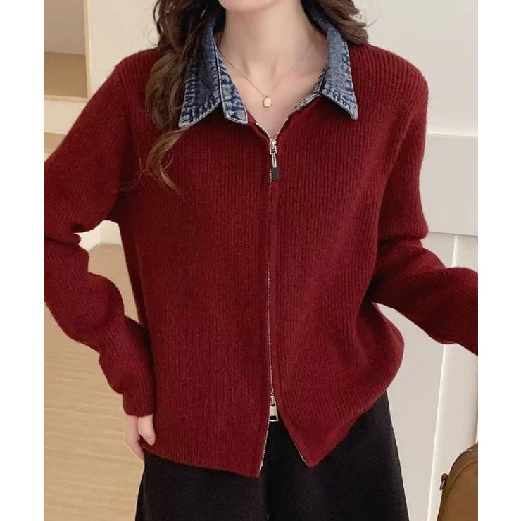 ワイン | デニム衿ジップニットカーディガン | SpRay