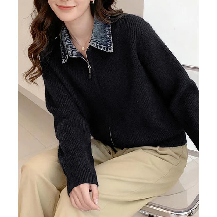 ブラック | デニム衿ジップニットカーディガン | SpRay