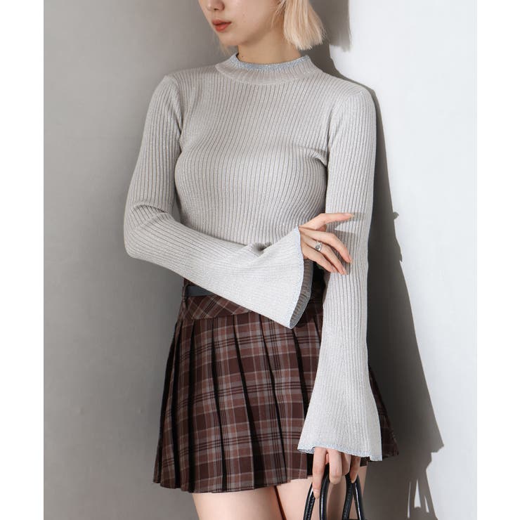 ライトグレー | ラメフレアスリーブハイネックニット | SpRay