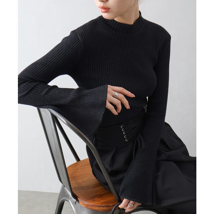 ブラック | ラメフレアスリーブハイネックニット | SpRay