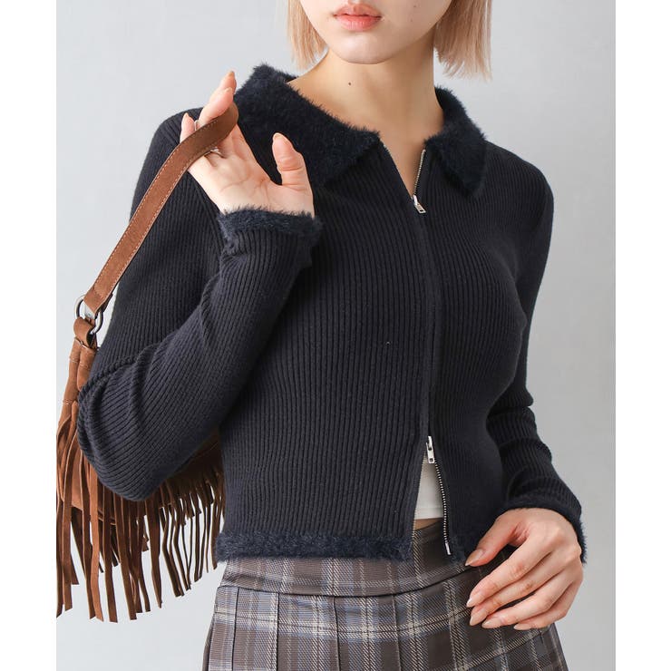 ブラック | フェザー衿ジップカーディガン | SpRay