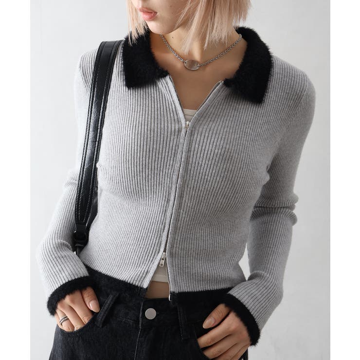 グレー | フェザー衿ジップカーディガン | SpRay