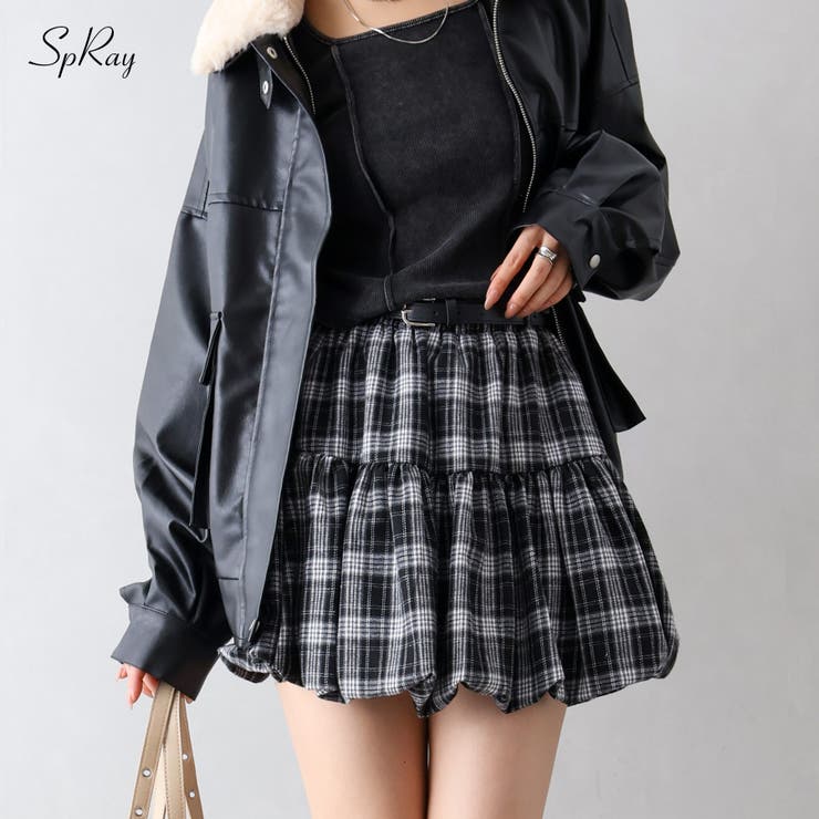 ベルト付きチェックバルーンミニスカート[品番：SPRW0010751]｜SpRay