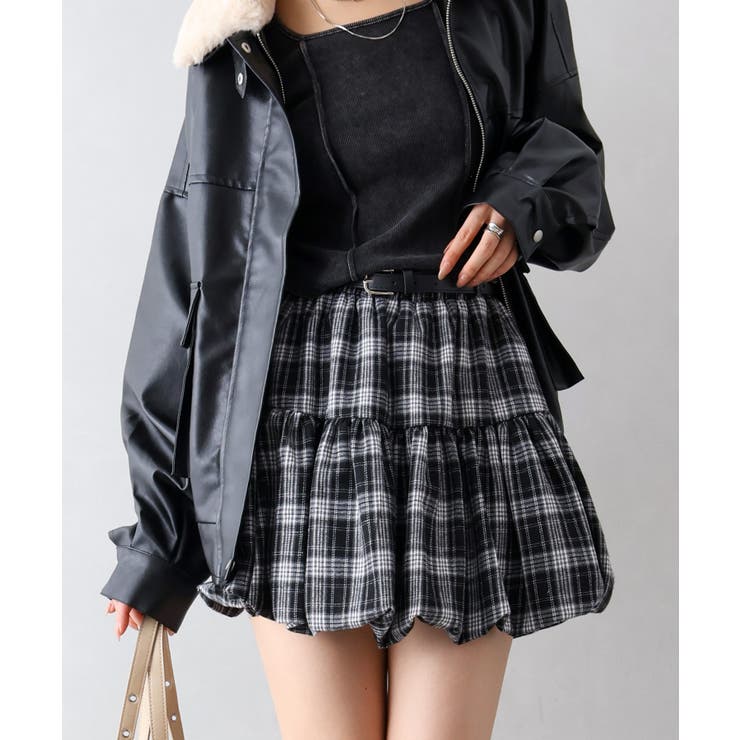 ブラック | ベルト付きチェックバルーンミニスカート | SpRay