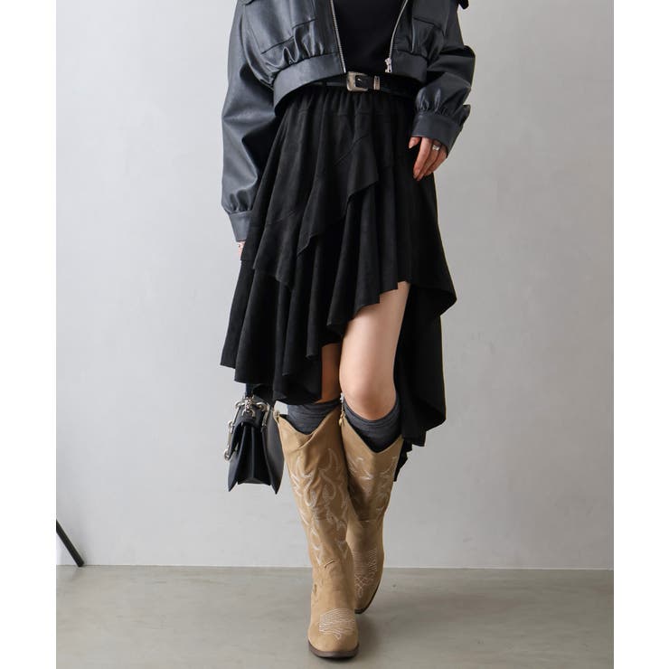 ブラック | フェイクスウェードフリルヘムスカート | SpRay