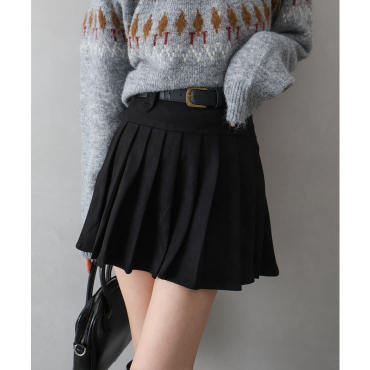 ブラック | ベルト付フェイクスウェードプリーツミニスカート | SpRay