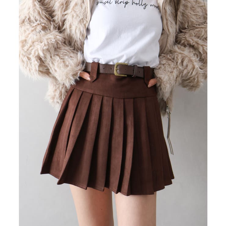 ブラウン | ベルト付フェイクスウェードプリーツミニスカート | SpRay