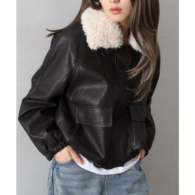 ブラック | ファー衿フェイクレザーブルゾン | SpRay