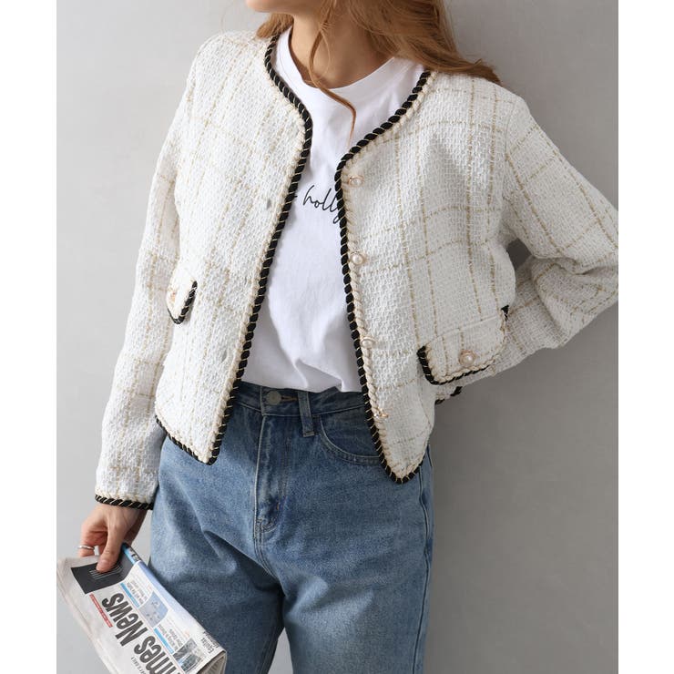 オフホワイト | ラメツイードノーカラージャケット | SpRay