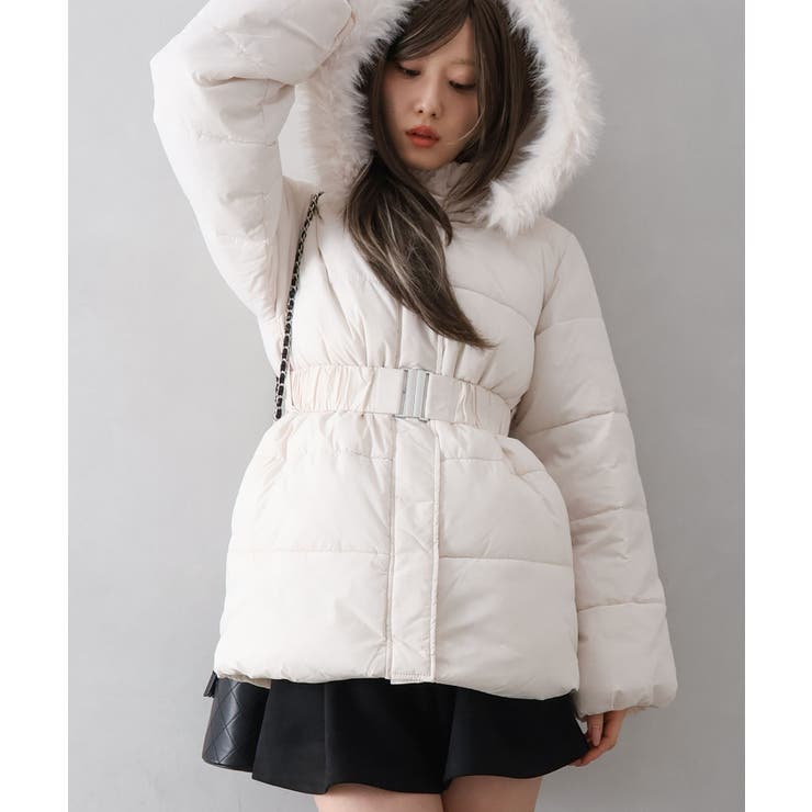 アイボリー | ベルト付中綿フードファーミドルコート | SpRay