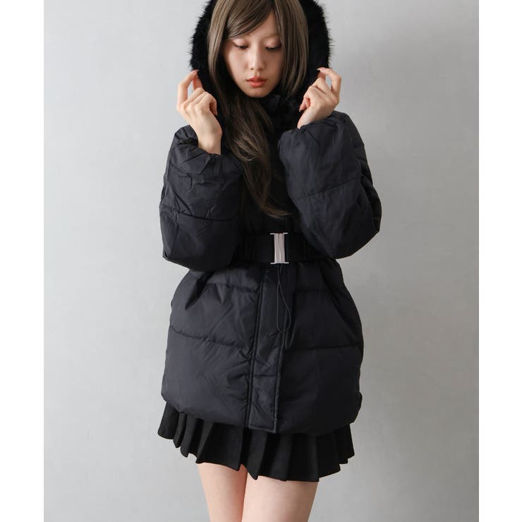 ブラック | ベルト付中綿フードファーミドルコート | SpRay