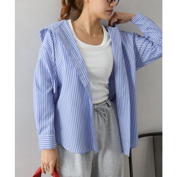 ネイビー | ストライプフードシャツ | SpRay