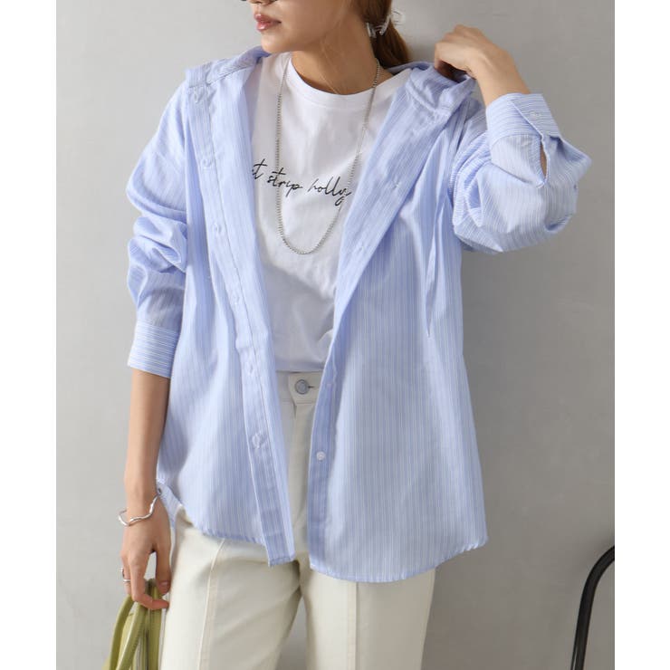 サックスブルー | ストライプフードシャツ | SpRay