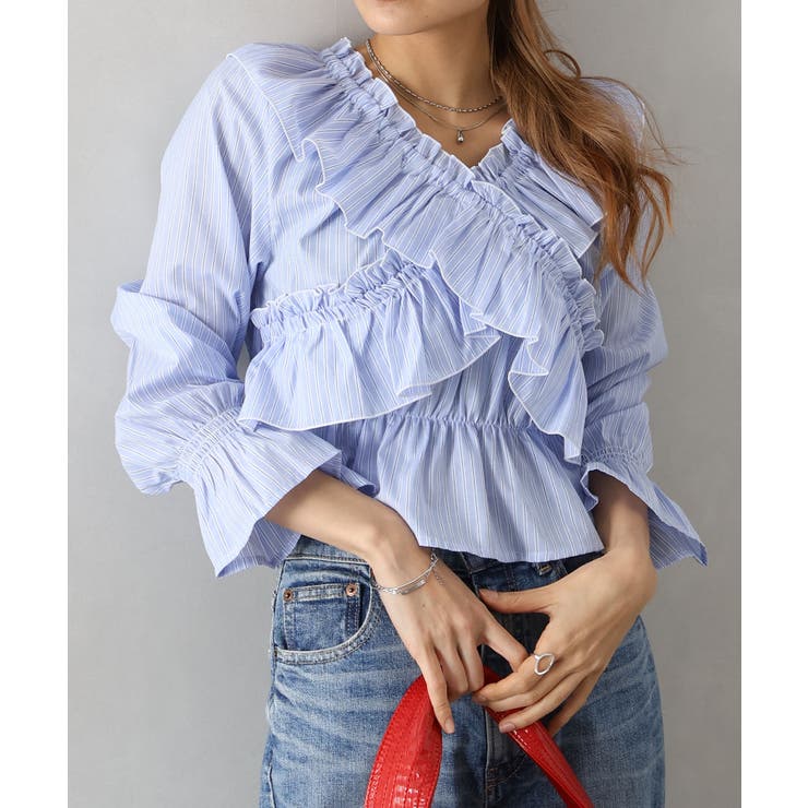 サックスブルー | ストライプクロスフリルブラウス | SpRay