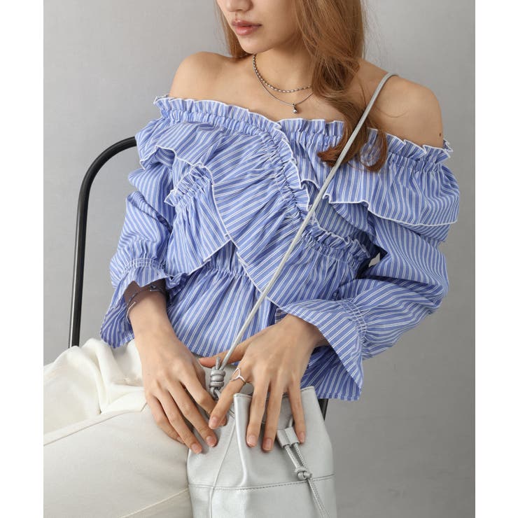 ネイビー | ストライプクロスフリルブラウス | SpRay