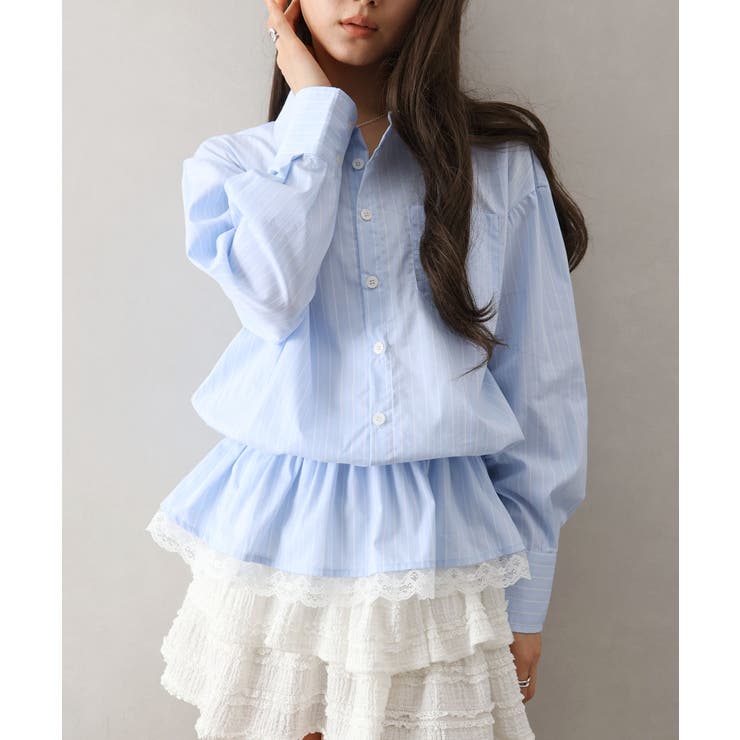 サックス/ホワイト | ドロスト裾レースシャツ | SpRay