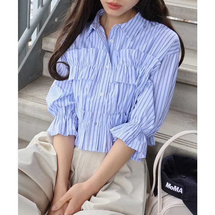 ブルー/ホワイト | フリル5分袖クロップドシャツ | SpRay