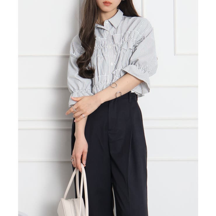 ホワイト×ブラック | フリル5分袖クロップドシャツ | SpRay