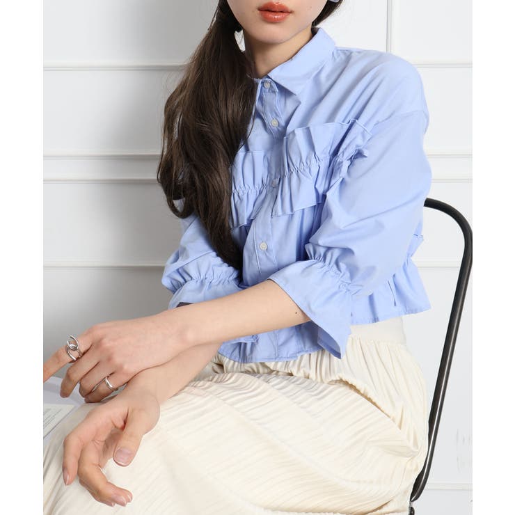 サックスブルー | フリル5分袖クロップドシャツ | SpRay