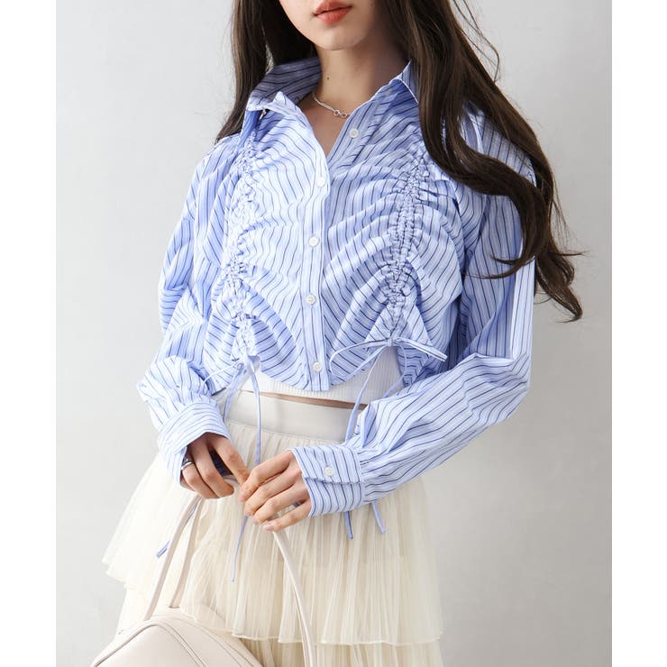 青空スカイブルー フリルとギャザーシャーリングシャツ FREE'S MART｜シャーリングアソートシャツ | Rakuten Fashion(楽天