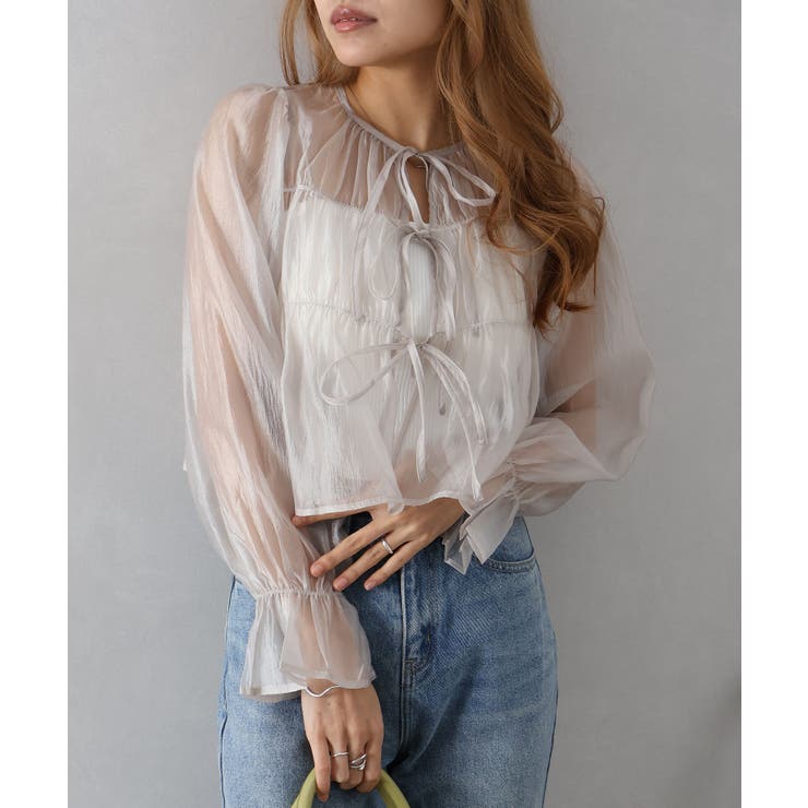 グレイッシュベージュ | シアーリボン2WAYブラウス | SpRay
