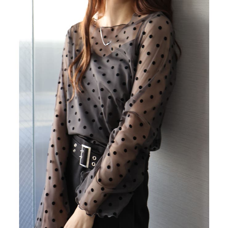 チャコールグレー | キャミ付フロッキードットロングスリーブ | SpRay