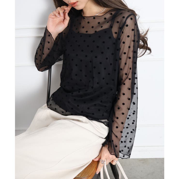 ブラック | キャミ付フロッキードットロングスリーブ | SpRay