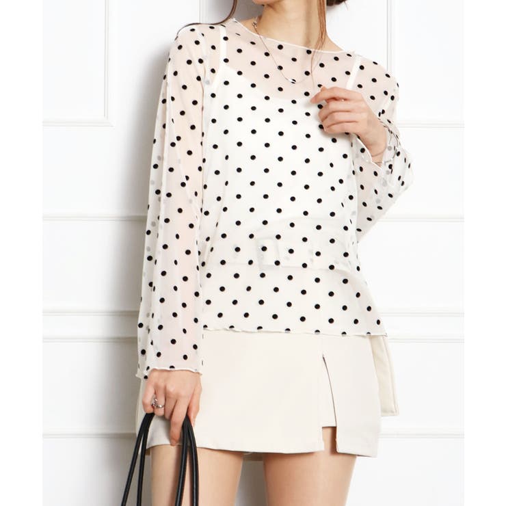 アイボリー | キャミ付フロッキードットロングスリーブ | SpRay