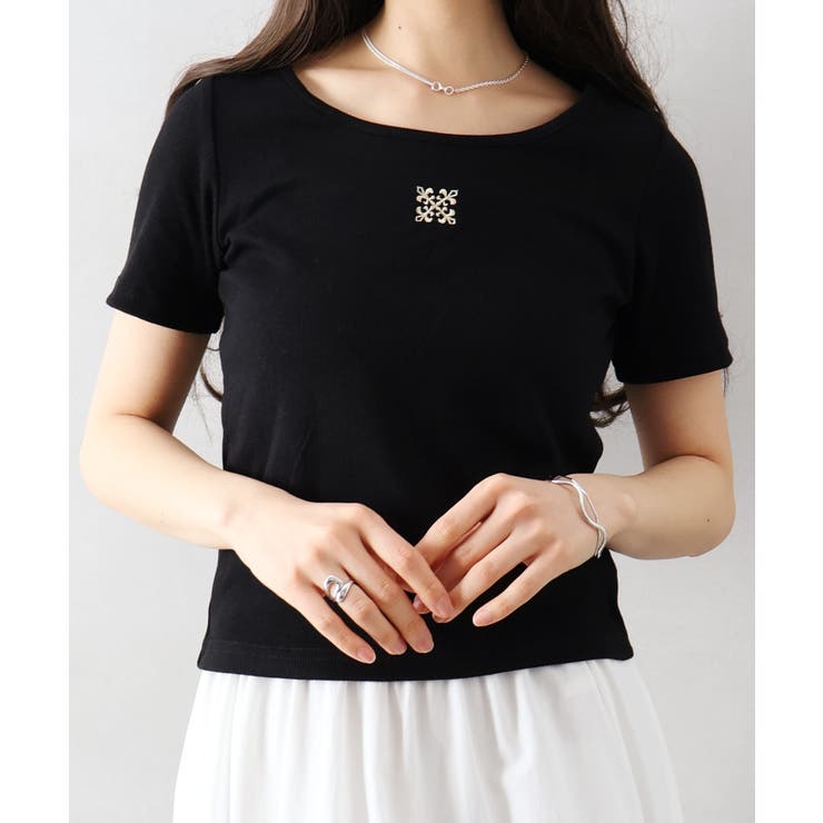 ブラック | テレコ刺繍モチーフTシャツ | SpRay