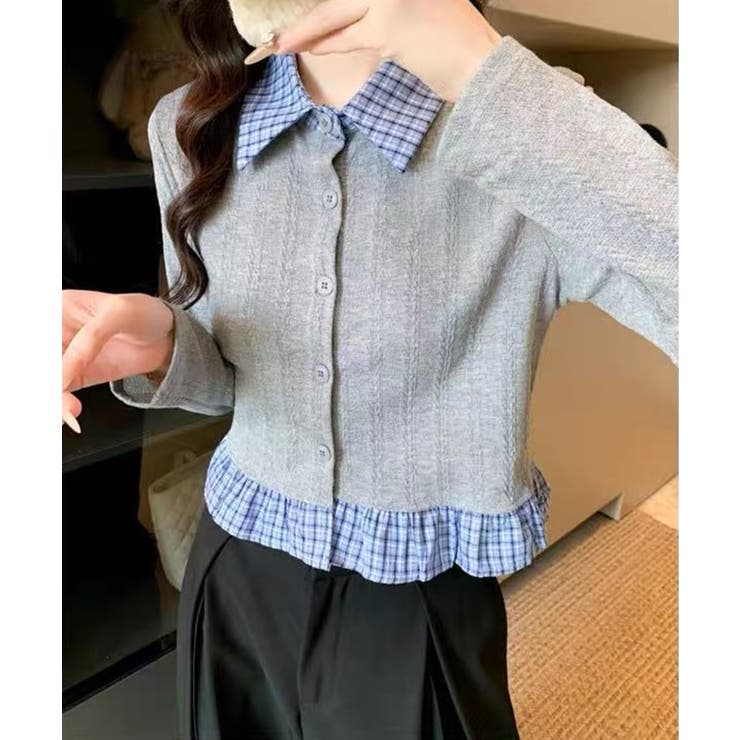 グレー | チェック切替フェイクレイヤードカーディガン | SpRay